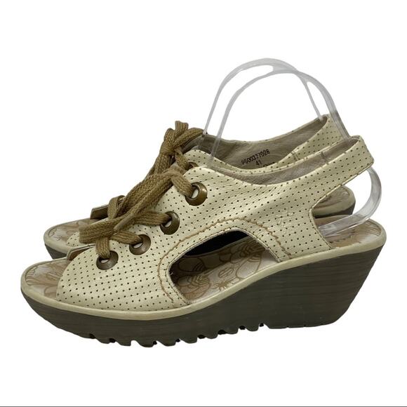 Fly London Ylva Khaki Perforated Cutout Peep Toe Lace-Up Wedge Sandals Size 41 - Picture 1 of 10